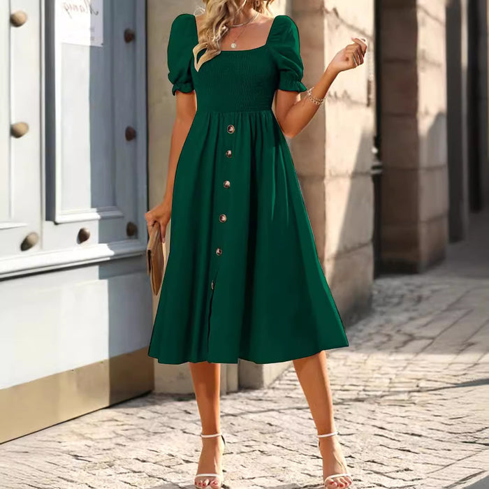 Womens Square-neck Pleated Short-sleeve Dress With Buttons by Ricaloux