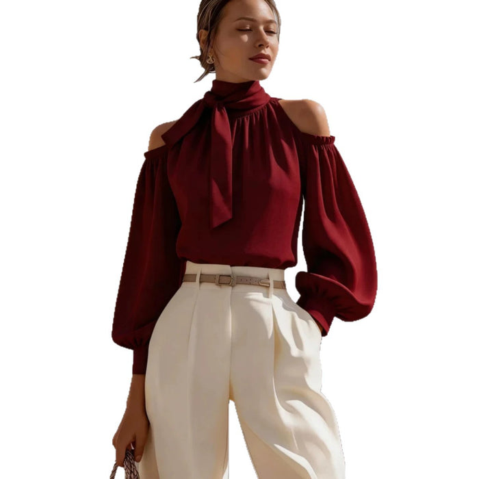 Womens Stand-collar Off-shoulder Top With Puff Sleeves – Premium 0 | RICALOUX