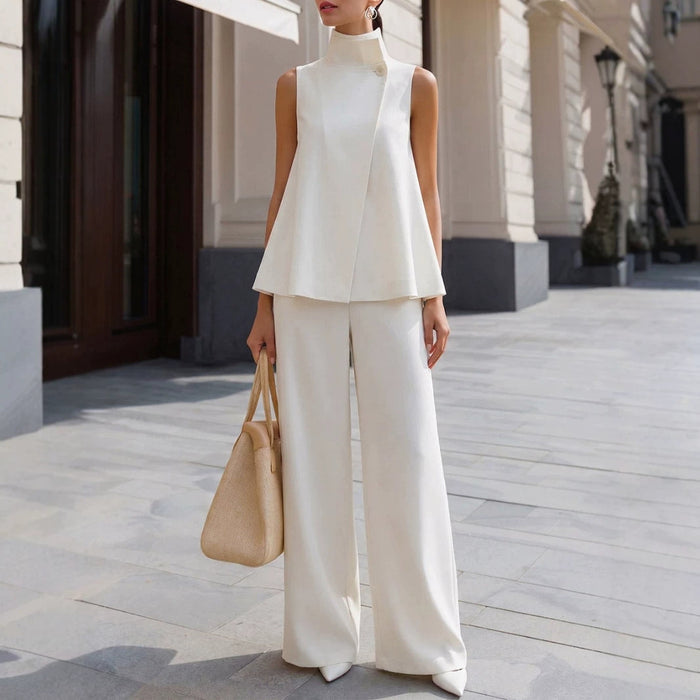 Womens Stand-collar Sleeveless Top And Elastic-waist Wide-leg Pants by Ricaloux