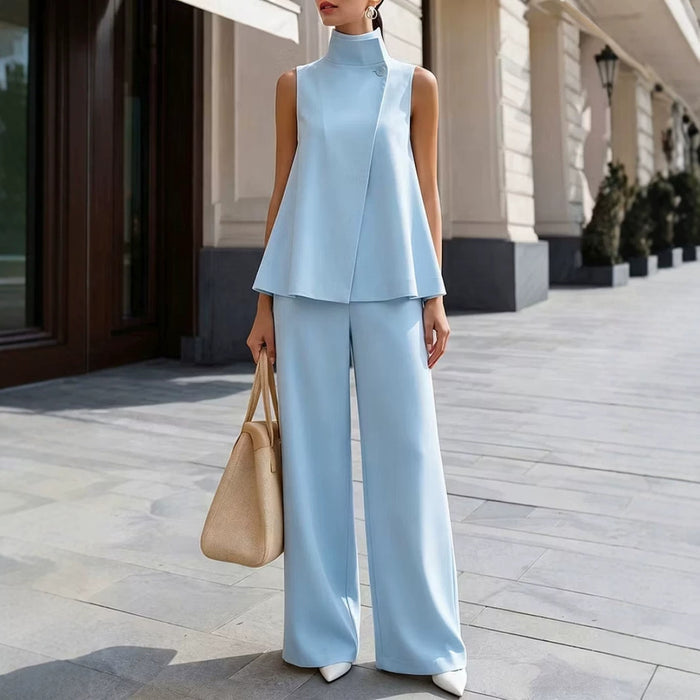 Womens Stand-collar Sleeveless Top And Elastic-waist Wide-leg Pants by Ricaloux
