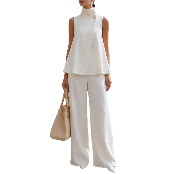 Womens Stand-collar Sleeveless Top And Elastic-waist Wide-leg Pants by Ricaloux
