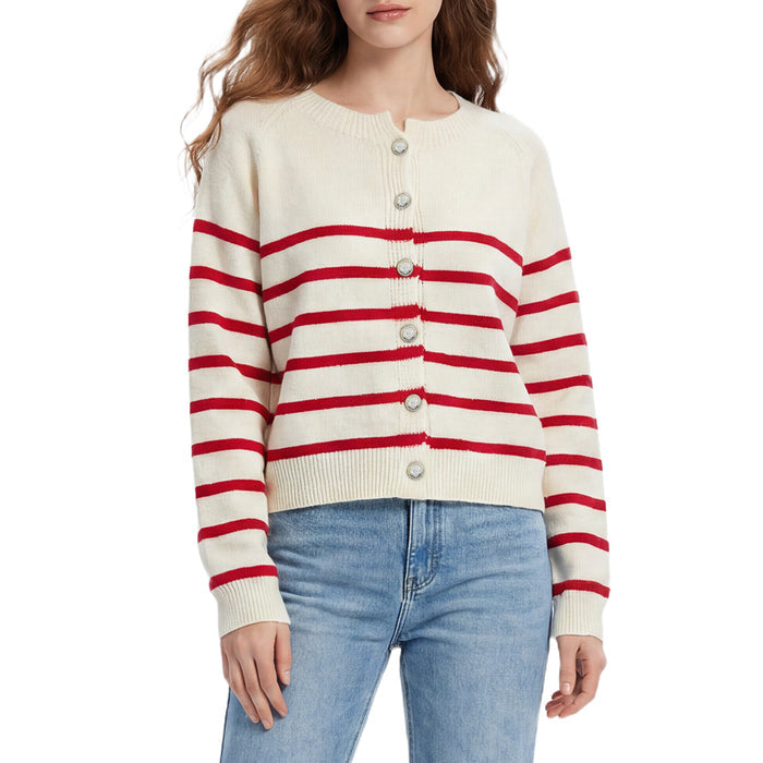 Women's Striped Knit Cardigan Red White Crewneck Button Up Sweater Coat Casual Long Sleeve Knitwear by Ricaloux