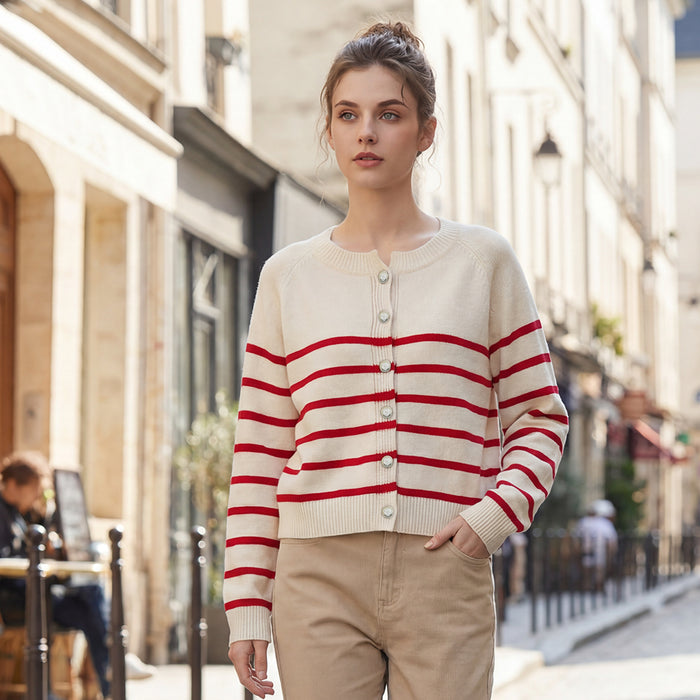 Women's Striped Knit Cardigan Red White Crewneck Button Up Sweater Coat Casual Long Sleeve Knitwear by Ricaloux