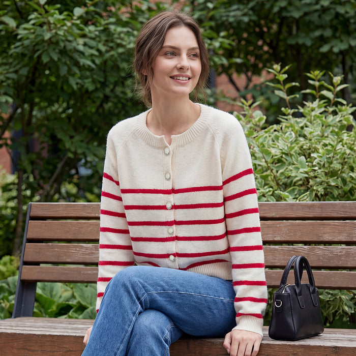 Women's Striped Knit Cardigan Red White Crewneck Button Up Sweater Coat Casual Long Sleeve Knitwear by Ricaloux