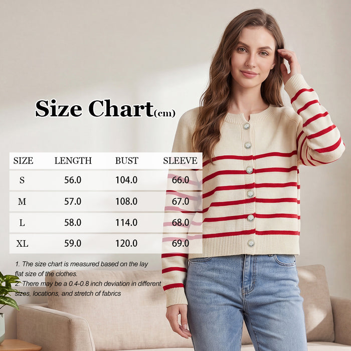 Women's Striped Knit Cardigan Red White Crewneck Button Up Sweater Coat Casual Long Sleeve Knitwear by Ricaloux