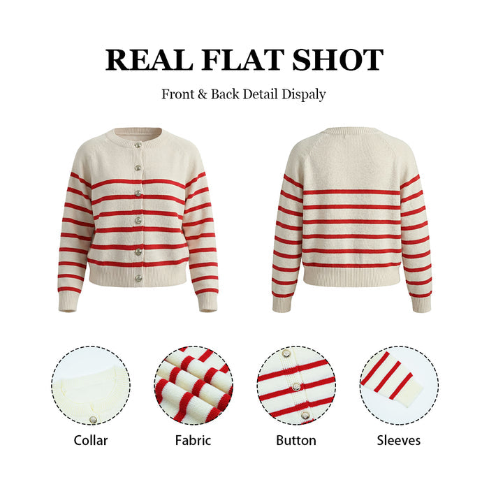 Women's Striped Knit Cardigan Red White Crewneck Button Up Sweater Coat Casual Long Sleeve Knitwear by Ricaloux