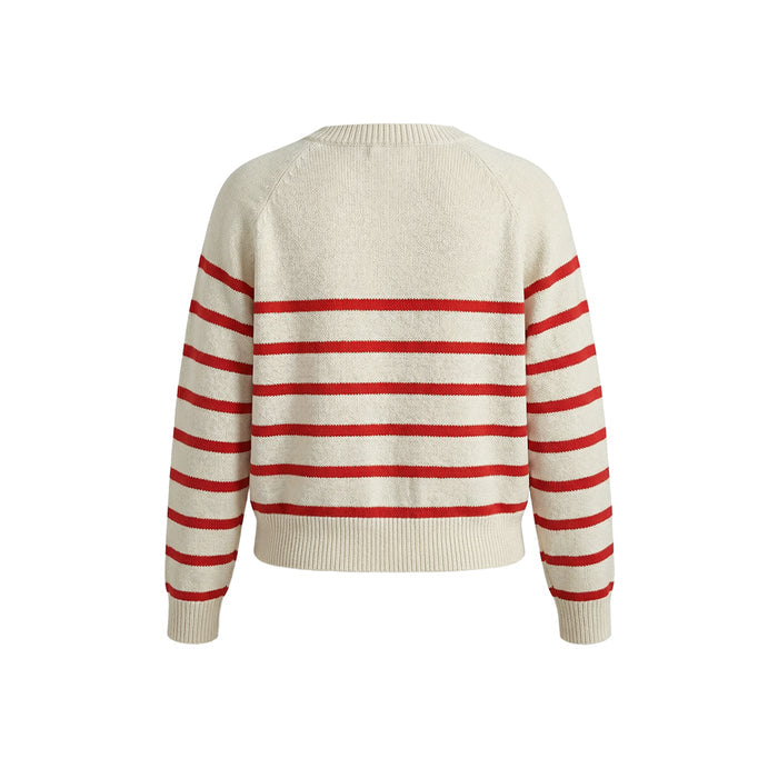 Women's Striped Knit Cardigan Red White Crewneck Button Up Sweater Coat Casual Long Sleeve Knitwear by Ricaloux