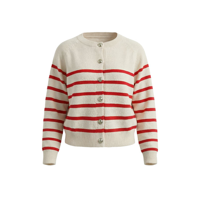 Women's Striped Knit Cardigan Red White Crewneck Button Up Sweater Coat Casual Long Sleeve Knitwear by Ricaloux