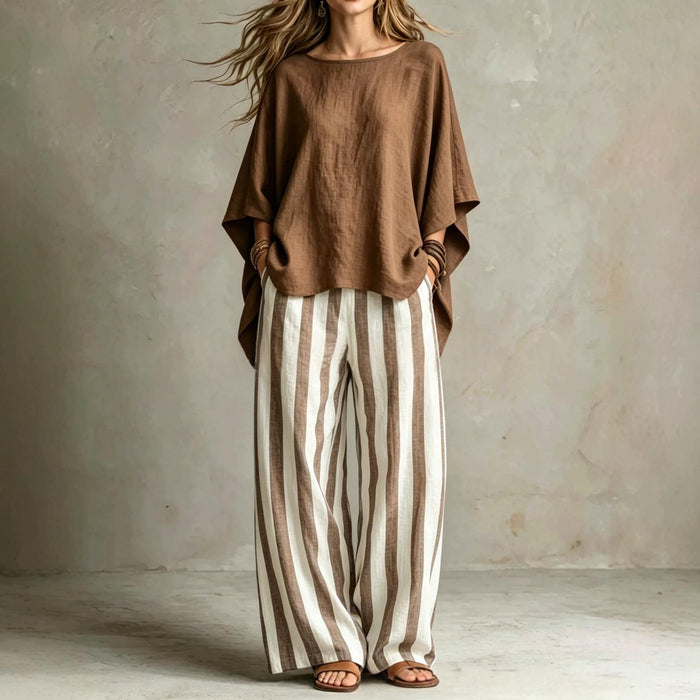 Womens Striped Pants And Cotton-Linen Top Set With Batwing Sleeves – Premium 0 | RICALOUX