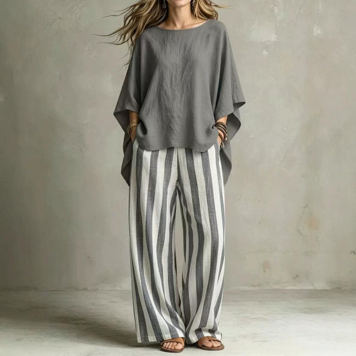 Womens Striped Pants And Cotton-Linen Top Set With Batwing Sleeves – Premium 0 | RICALOUX