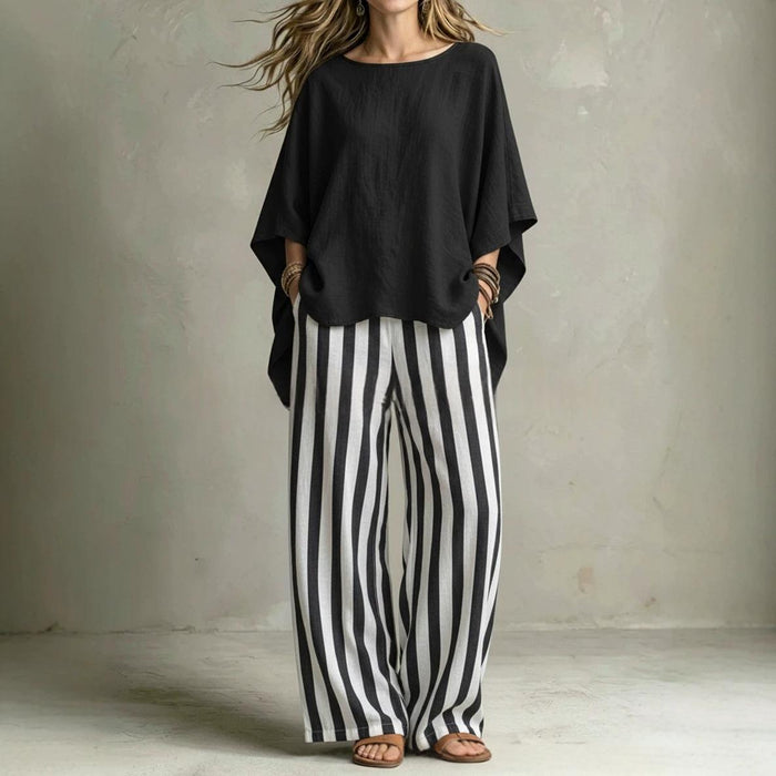 Womens Striped Pants And Cotton-Linen Top Set With Batwing Sleeves – Premium 0 | RICALOUX