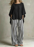 Womens Striped Pants And Cotton-Linen Top Set With Batwing Sleeves – Premium 0 | RICALOUX