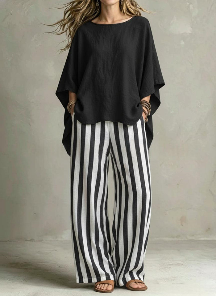Womens Striped Pants And Cotton-Linen Top Set With Batwing Sleeves – Premium 0 | RICALOUX