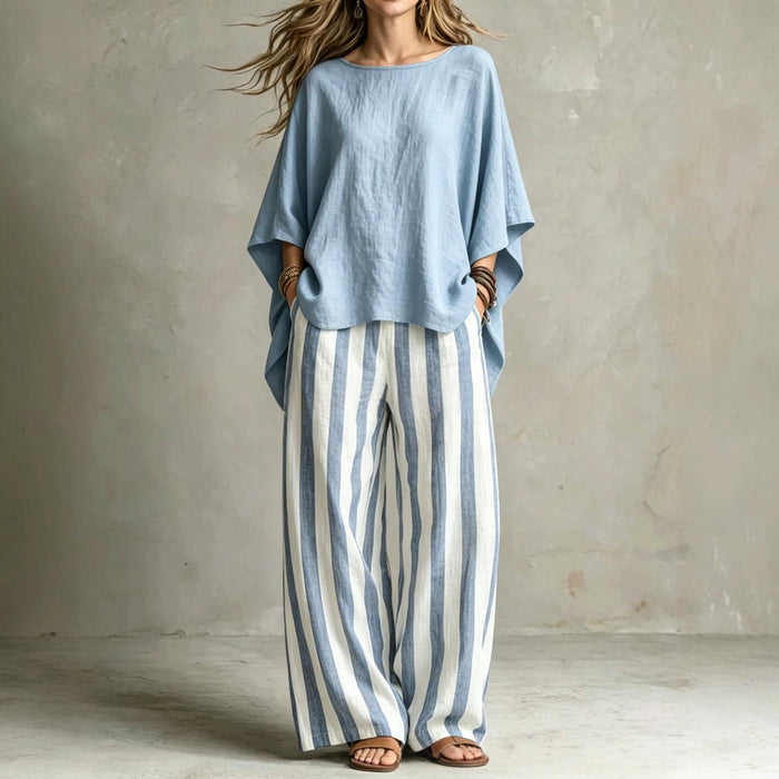 Womens Striped Pants And Cotton-Linen Top Set With Batwing Sleeves – Premium 0 | RICALOUX