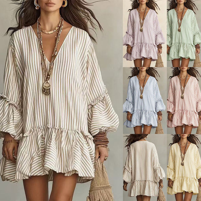 Womens Striped Print V-Neck Long-Sleeve Dress – Premium 0 | RICALOUX