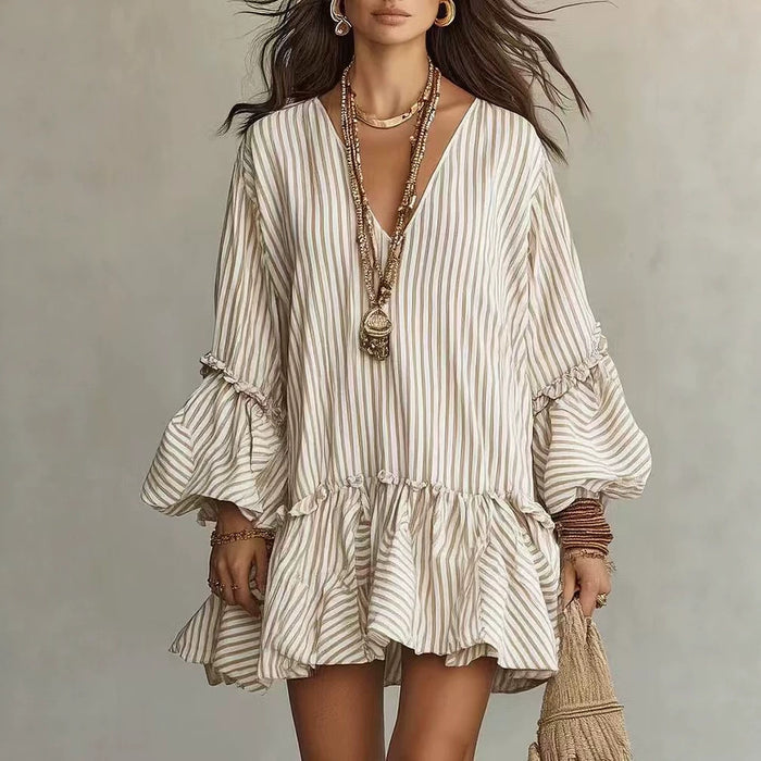 Womens Striped Print V-Neck Long-Sleeve Dress – Premium 0 | RICALOUX