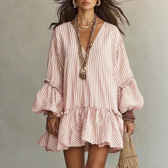 Womens Striped Print V-Neck Long-Sleeve Dress – Premium 0 | RICALOUX