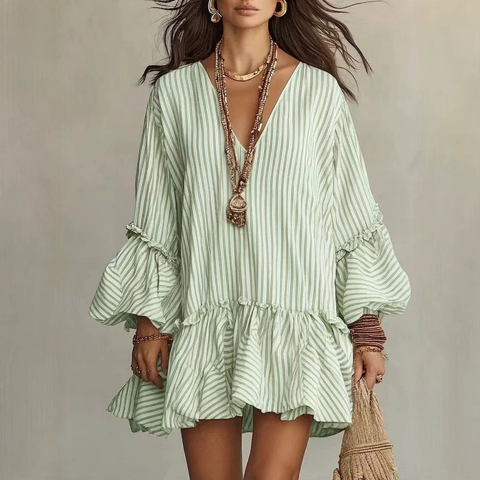 Womens Striped Print V-Neck Long-Sleeve Dress – Premium 0 | RICALOUX