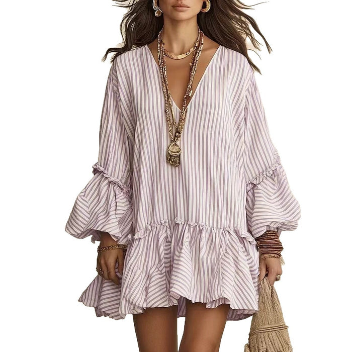 Womens Striped Print V-Neck Long-Sleeve Dress by Ricaloux