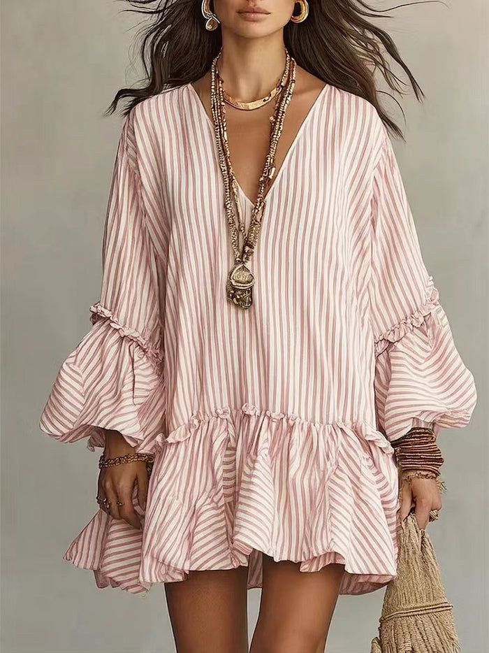 Womens Striped Print V-Neck Long-Sleeve Dress by Ricaloux