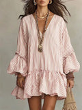 Womens Striped Print V-Neck Long-Sleeve Dress by Ricaloux
