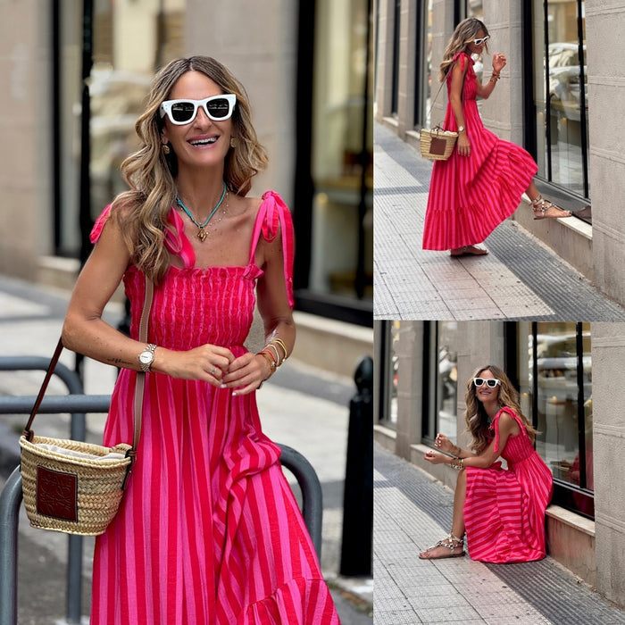 Womens Striped Printed Lace-Up Waist-Cinching Dress – Premium 0 | RICALOUX