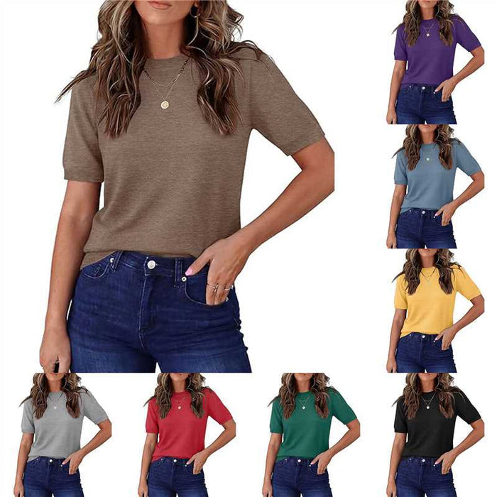 Women's Summer Lightweight Knit Short Sleeve T-Shirt Solid Crewneck Loose Regular Fit Casual Versatile Top Sweater by Ricaloux