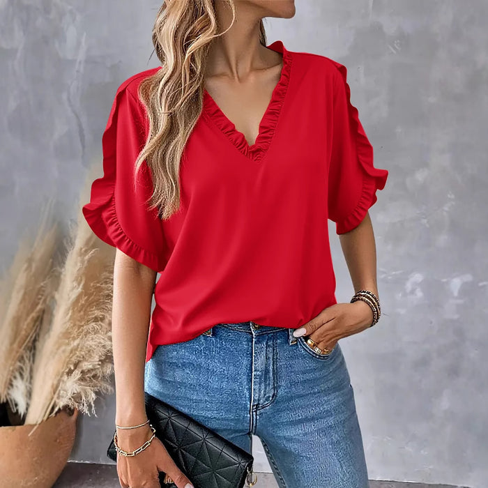Womens Summer Simple Solid-Color Short-Sleeve Top – Premium 0 | RICALOUX