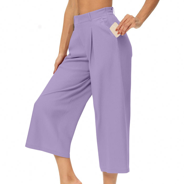 Womens Summer Solid-Color Casual High-Waisted Wide-Leg Cropped Trousers With Side Pockets by Ricaloux