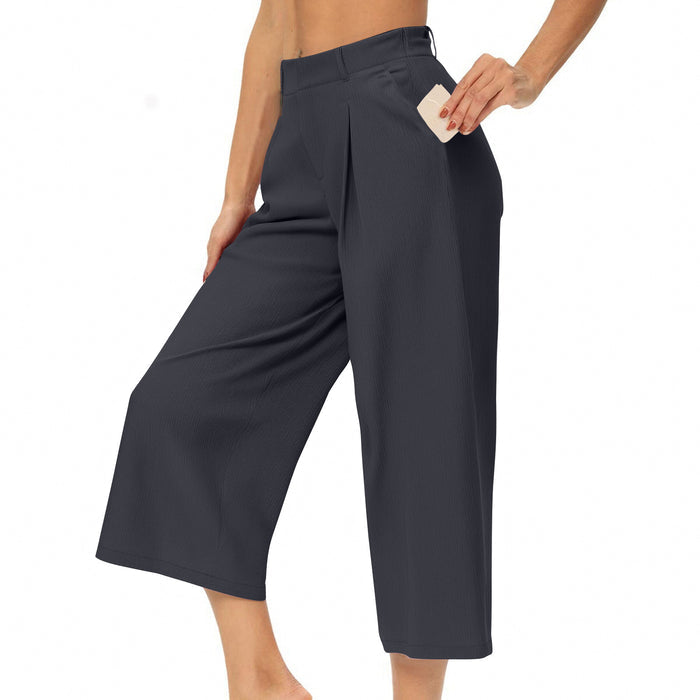 Womens Summer Solid-Color Casual High-Waisted Wide-Leg Cropped Trousers With Side Pockets by Ricaloux