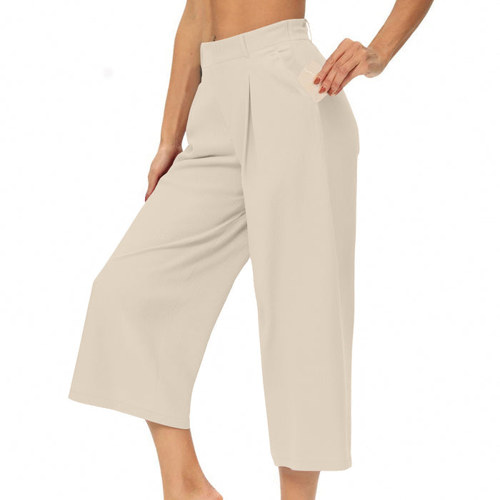 Womens Summer Solid-Color Casual High-Waisted Wide-Leg Cropped Trousers With Side Pockets by Ricaloux