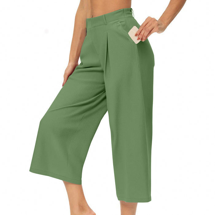 Womens Summer Solid-Color Casual High-Waisted Wide-Leg Cropped Trousers With Side Pockets by Ricaloux