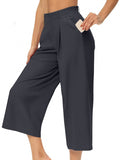 Womens Summer Solid-Color Casual High-Waisted Wide-Leg Cropped Trousers With Side Pockets by Ricaloux