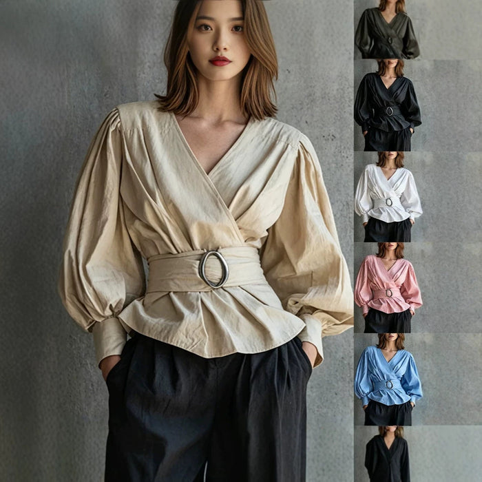 Womens V-neck Blouse With Ruffled Cuffs And Puff Sleeves by Ricaloux