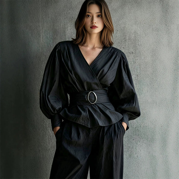 Womens V-neck Blouse With Ruffled Cuffs And Puff Sleeves by Ricaloux