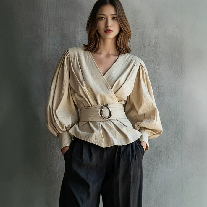 Womens V-neck Blouse With Ruffled Cuffs And Puff Sleeves by Ricaloux