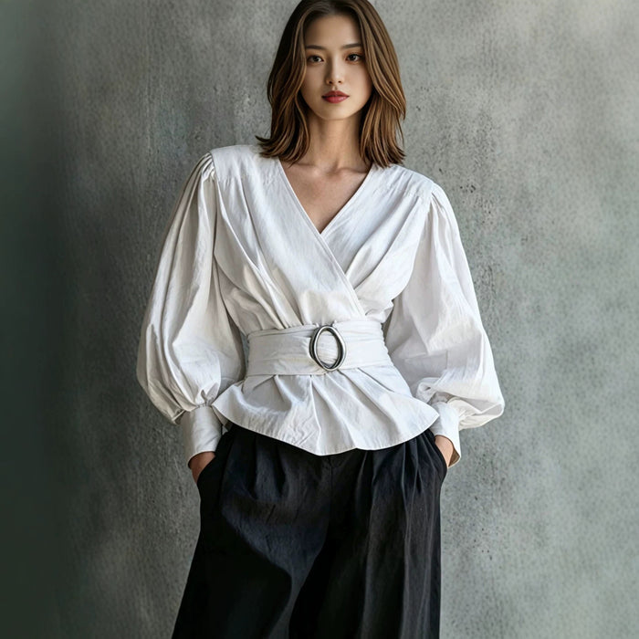 Womens V-neck Blouse With Ruffled Cuffs And Puff Sleeves by Ricaloux