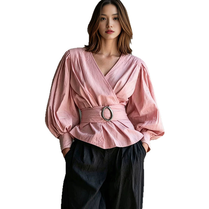 Womens V-neck Blouse With Ruffled Cuffs And Puff Sleeves by Ricaloux