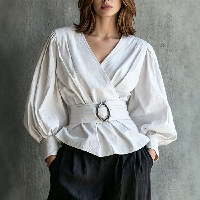 Womens V-neck Blouse With Ruffled Cuffs And Puff Sleeves by Ricaloux