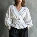 Womens V-neck Blouse With Ruffled Cuffs And Puff Sleeves by Ricaloux
