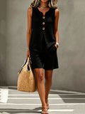 Womens V-neck Buttoned Sleeveless Vest Top And Shorts Set by Ricaloux
