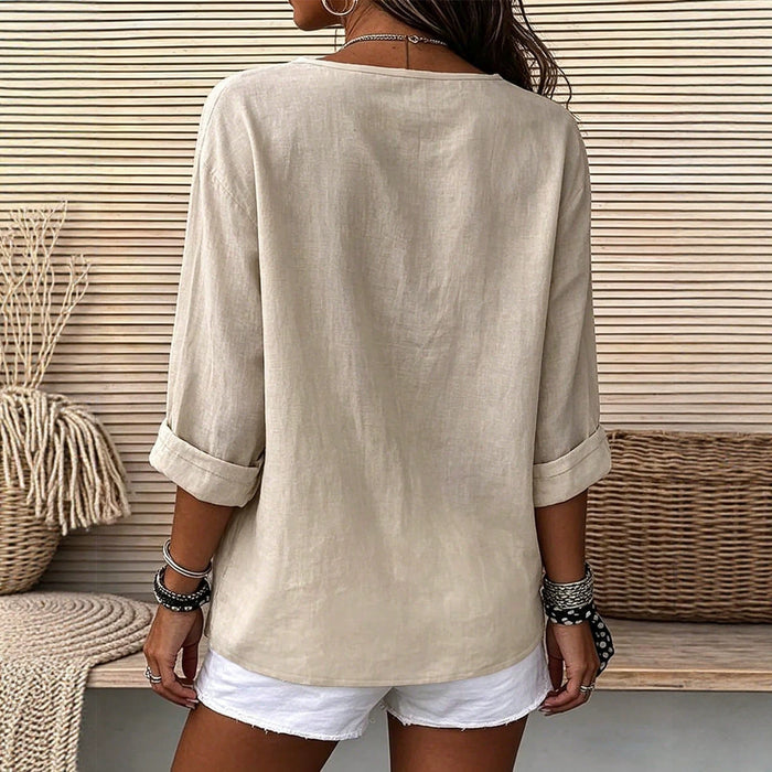 Womens V-neck Cotton-Linen Button-Down T-shirt Top – Premium 0 | RICALOUX
