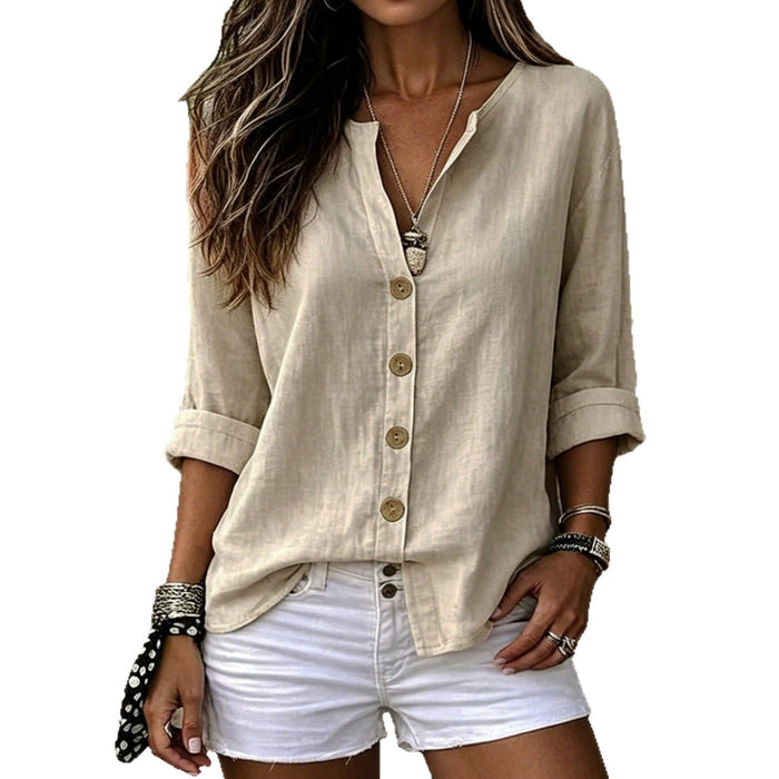 Womens V-neck Cotton-Linen Button-Down T-shirt Top – Premium 0 | RICALOUX
