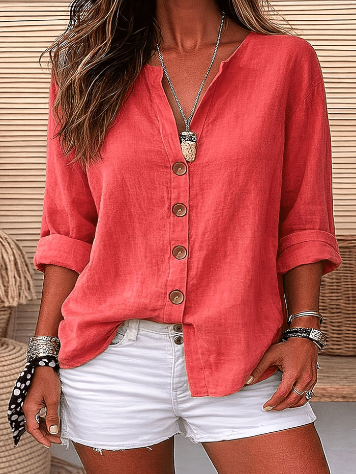 Womens V-neck Cotton-Linen Button-Down T-shirt Top – Premium 0 | RICALOUX