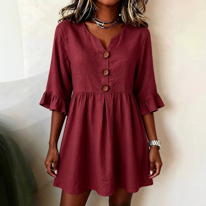Womens V-neck Cotton-linen Side-detailed Dress – Premium 0 | RICALOUX