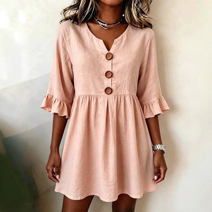 Womens V-neck Cotton-linen Side-detailed Dress – Premium 0 | RICALOUX