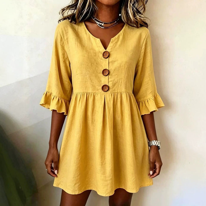 Womens V-neck Cotton-linen Side-detailed Dress – Premium 0 | RICALOUX
