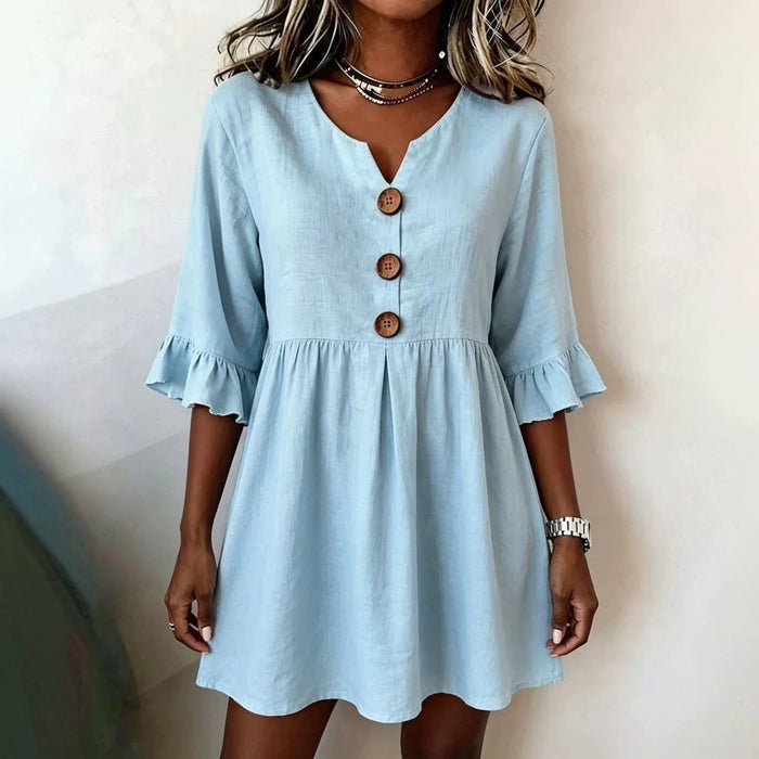 Womens V-neck Cotton-linen Side-detailed Dress – Premium 0 | RICALOUX