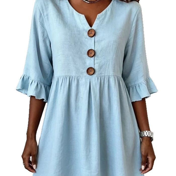 Womens V-neck Cotton-linen Side-detailed Dress – Premium 0 | RICALOUX