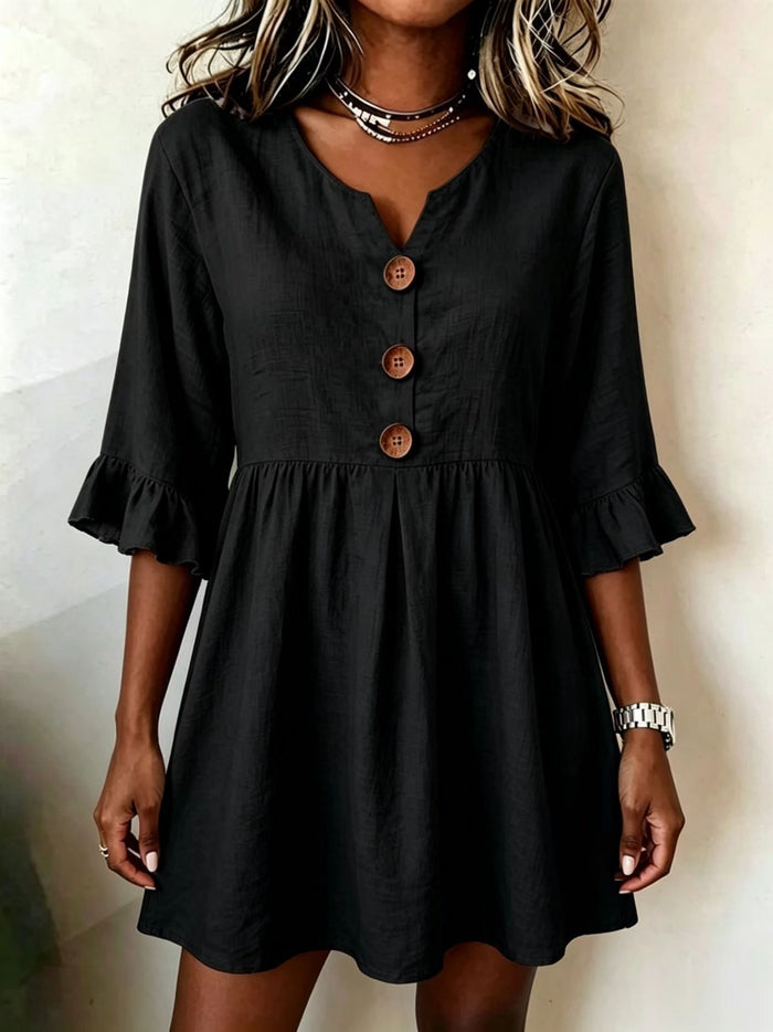 Womens V-neck Cotton-linen Side-detailed Dress – Premium 0 | RICALOUX